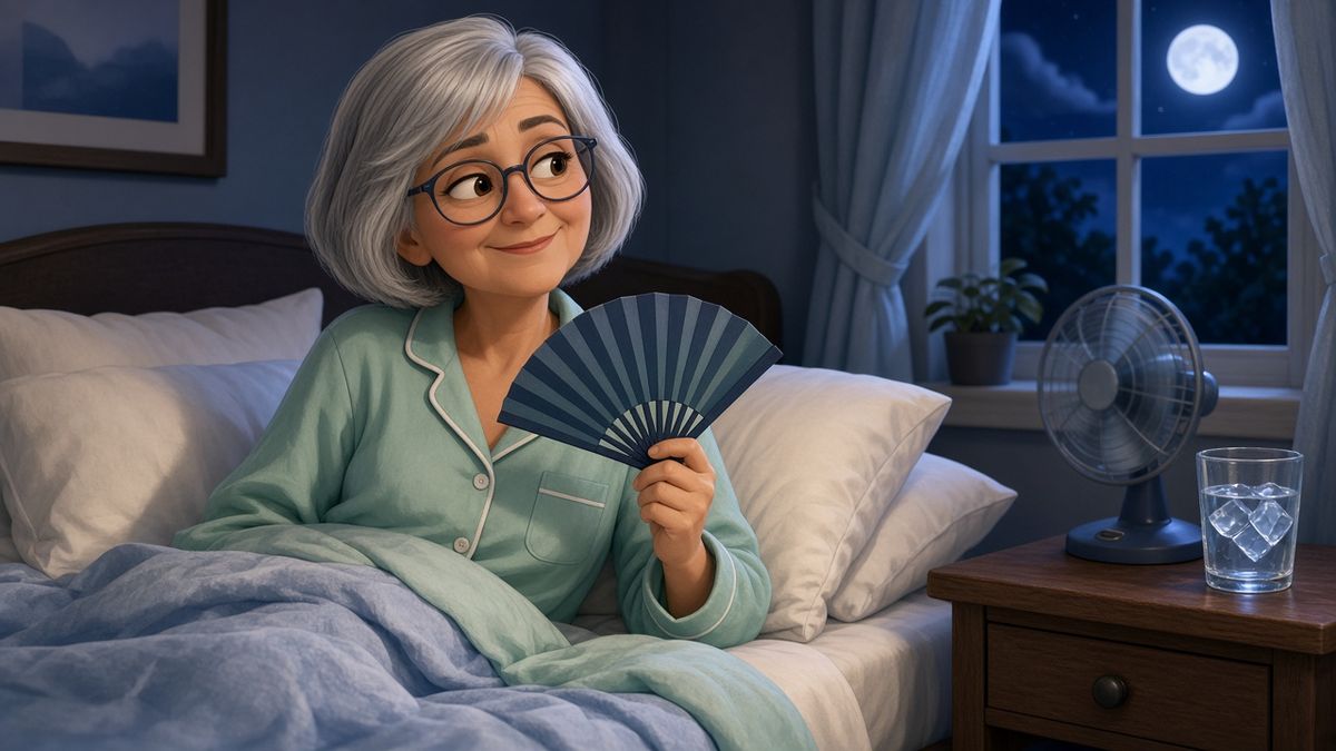 Cool Nights Carol, our illustrated mascot, in bed with a fan on a moonlit night